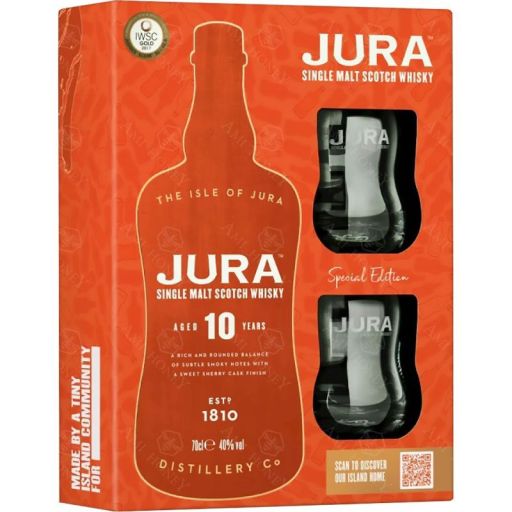 Jura 10YO Whisky 700 ml im Set mit zwei Gläsern im Karton